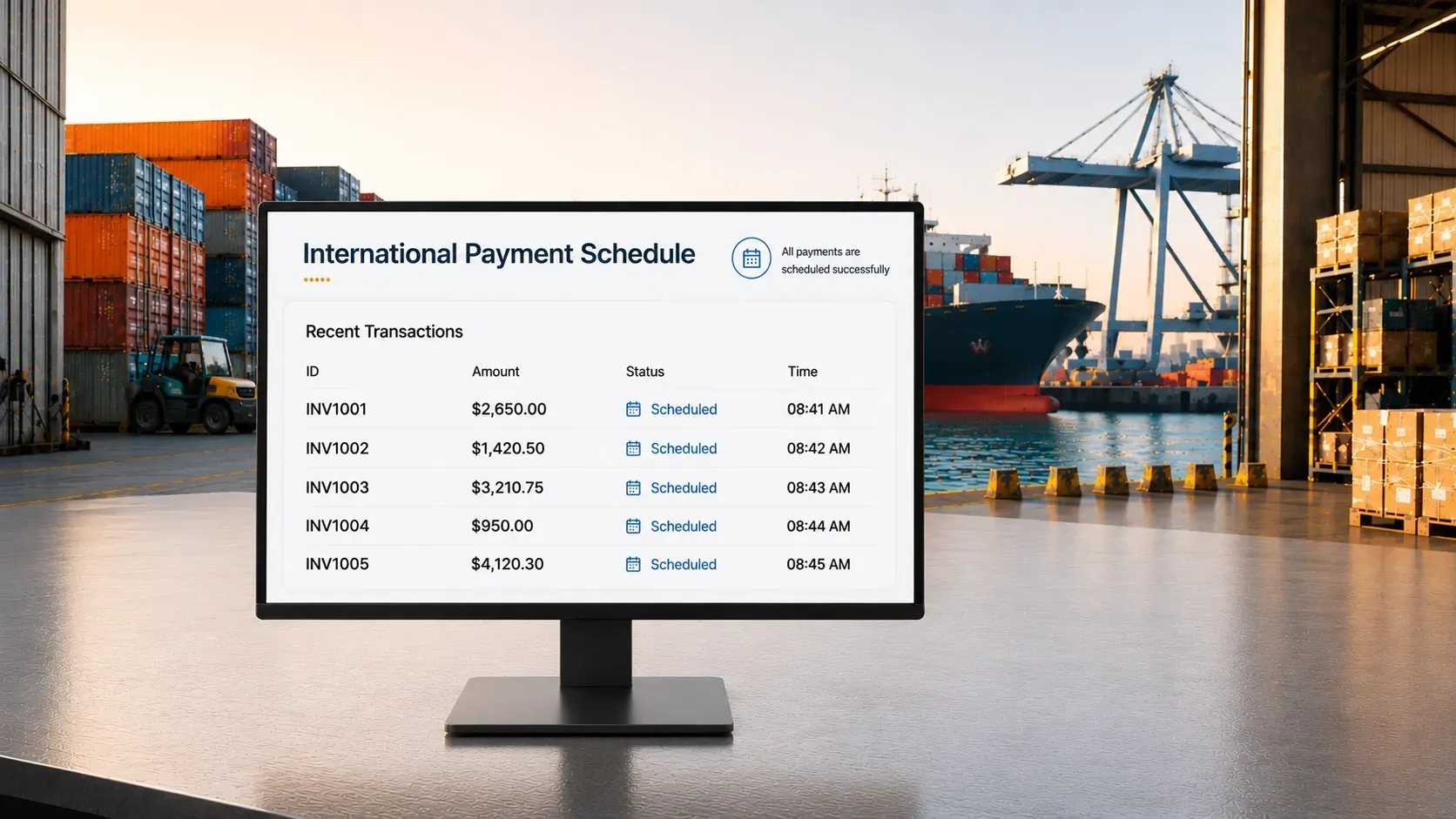 International payment schedule displayed on a monitor in a shipping warehouse, with cargo containers, pallets, and a container ship in the background.