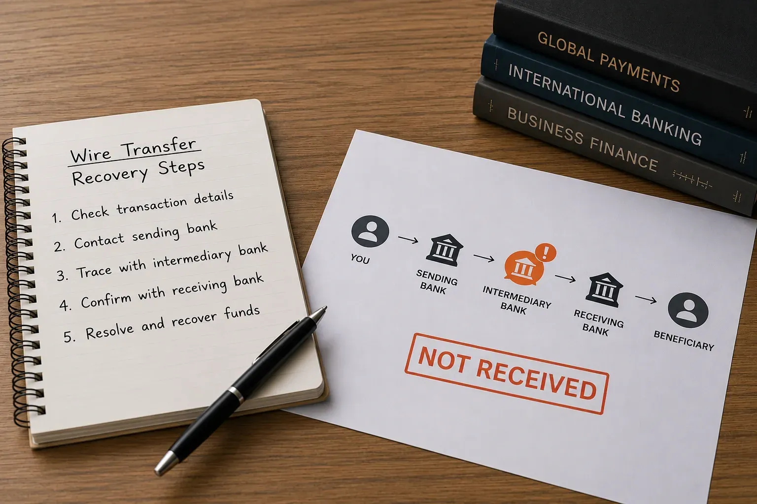 Laptop displaying an international wire transfer payment flow with an issue at the intermediary bank, alongside payment trace documents on a modern office desk.