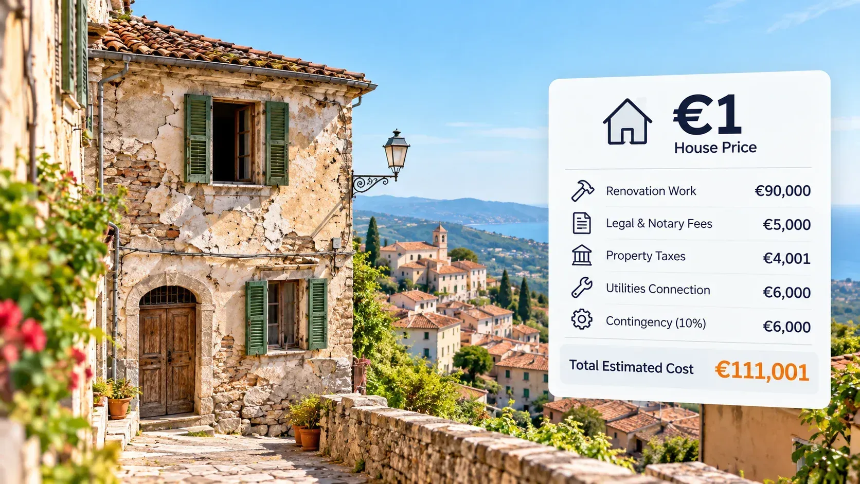 Weathered stone house in an Italian hill town with a large €1 sign, illustrating Italy’s one-euro homes and the restoration work they often require.