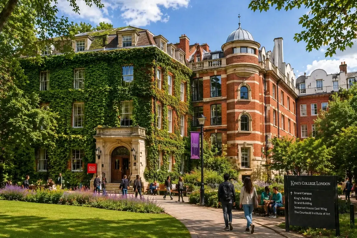 Students strolling through the landscaped courtyard of King’s College London, surrounded by ivy-covered red-brick buildings, gardens, and classic campus architecture in daylight.