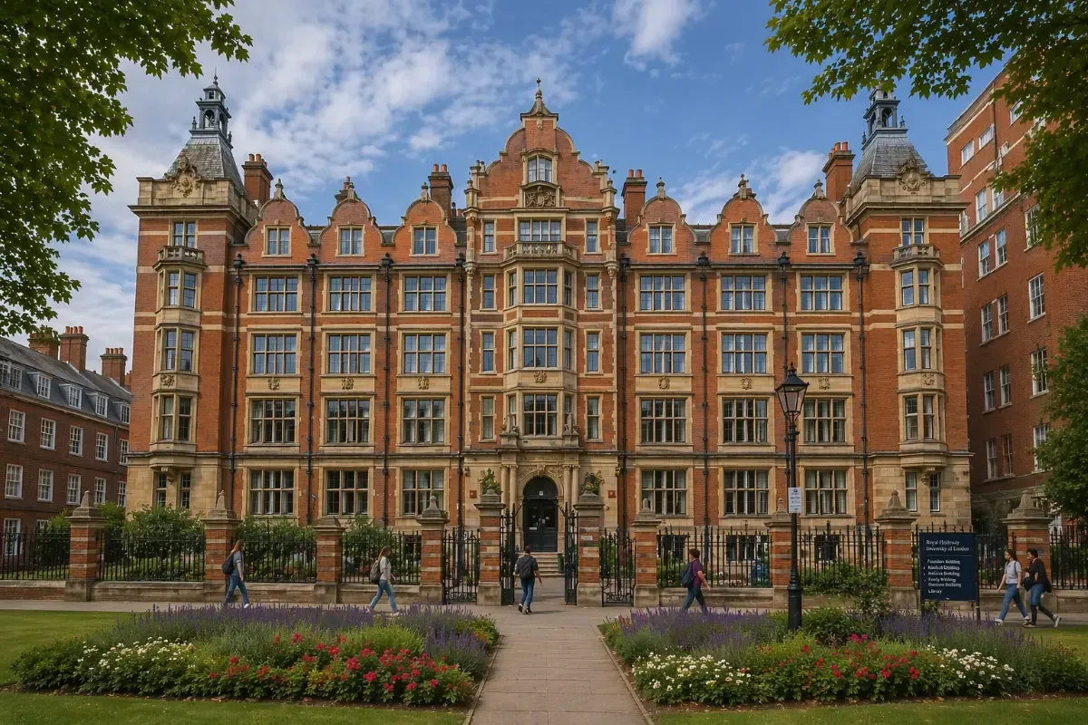 Grand Victorian red-brick building of the London School of Economics and Political Science with decorative stone details, flowerbeds, and students walking along the pathway.