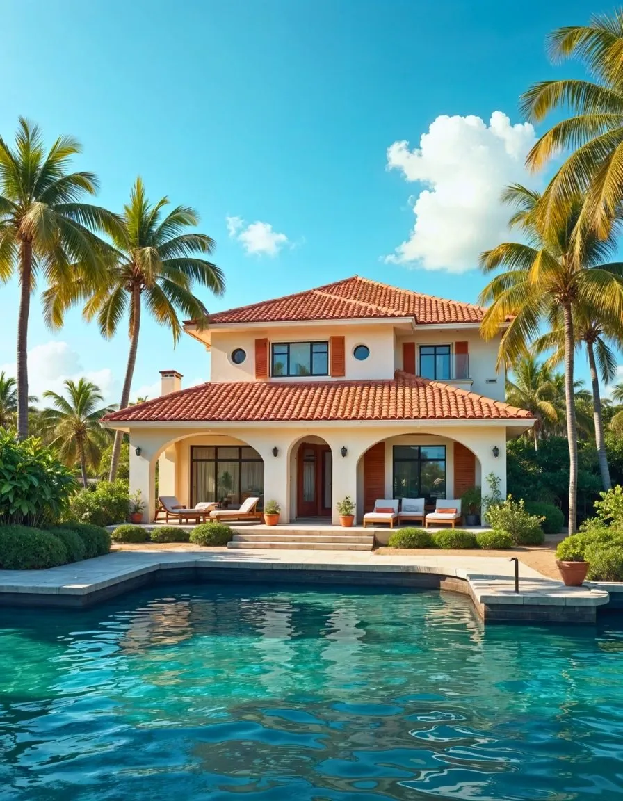 Luxury villa with terracotta roof, surrounded by palm trees and facing a clear blue pool, representing high-value overseas property investment