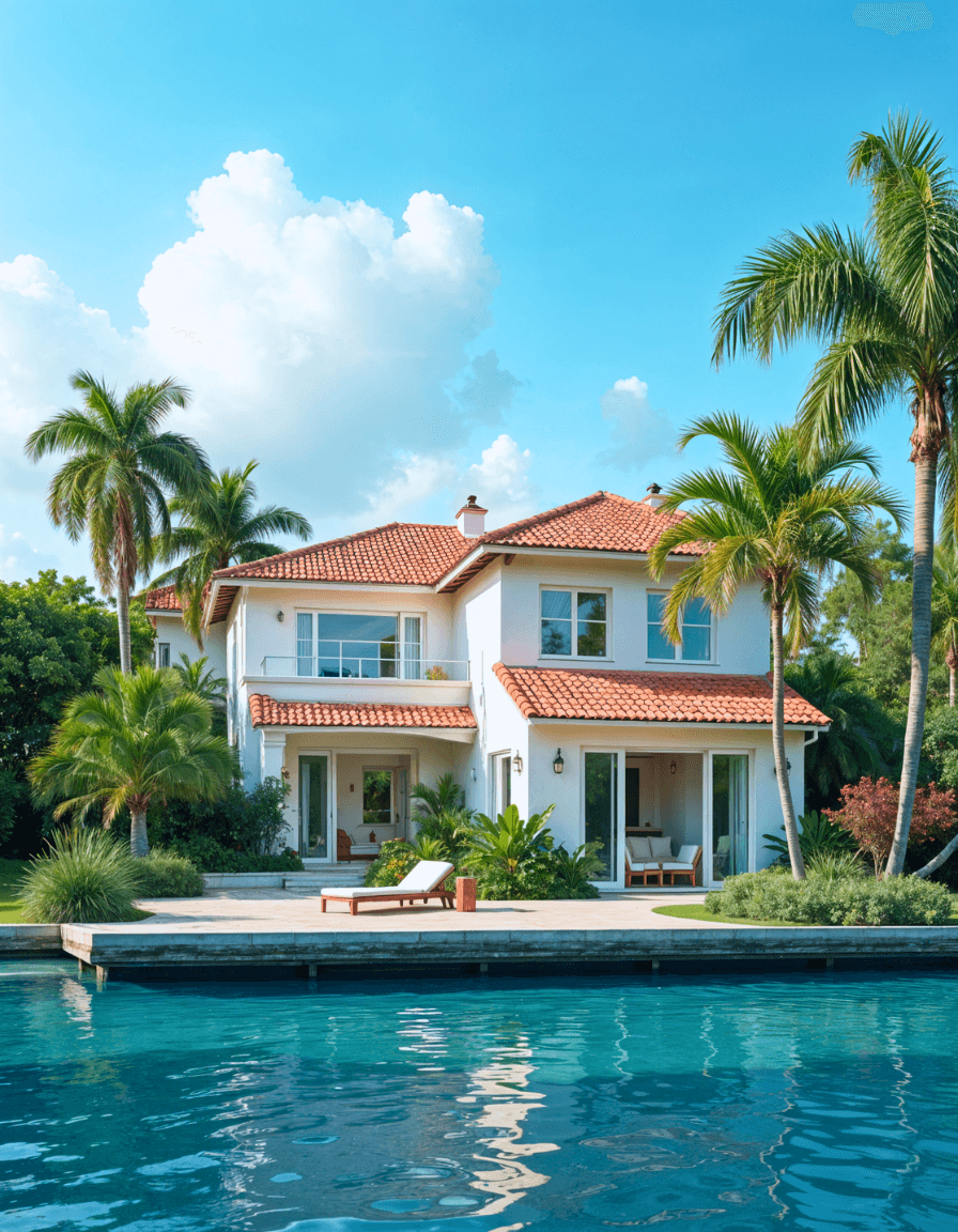 Luxury tropical house with a red roof, palm trees, and a swimming pool in front