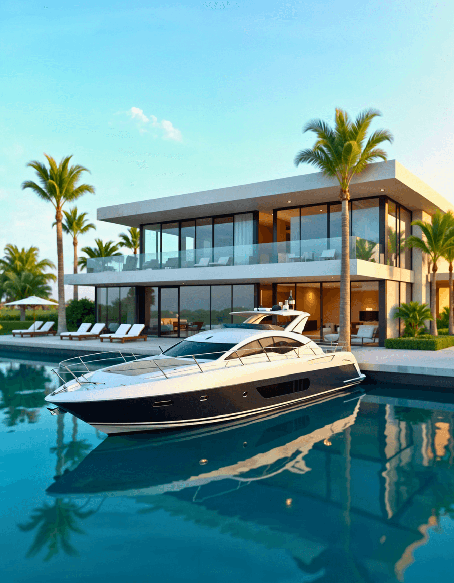 Modern waterfront villa with a private yacht docked along the shoreline, surrounded by palm trees