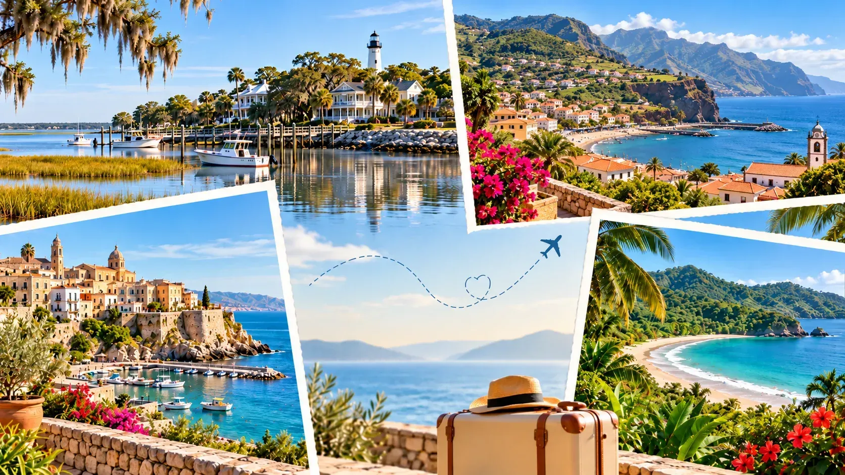 Collage of off-the-beaten-path snowbird destinations featuring St. Simons Island, Madeira, Sicily, and tropical coastal escapes for Canadian winter travellers.