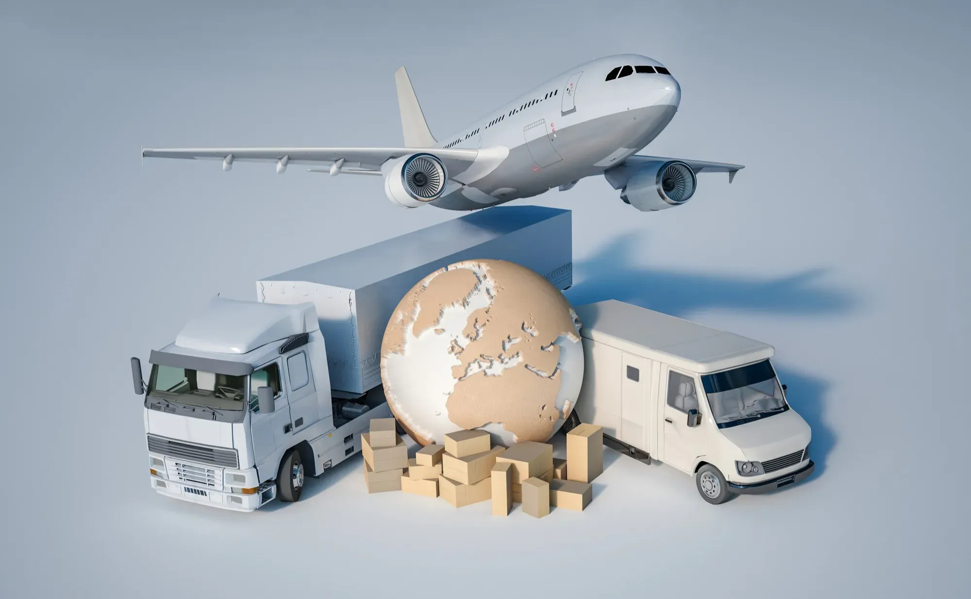 Illustration of a cargo airplane, truck, delivery van, globe, and shipping boxes representing global logistics and transportation.
