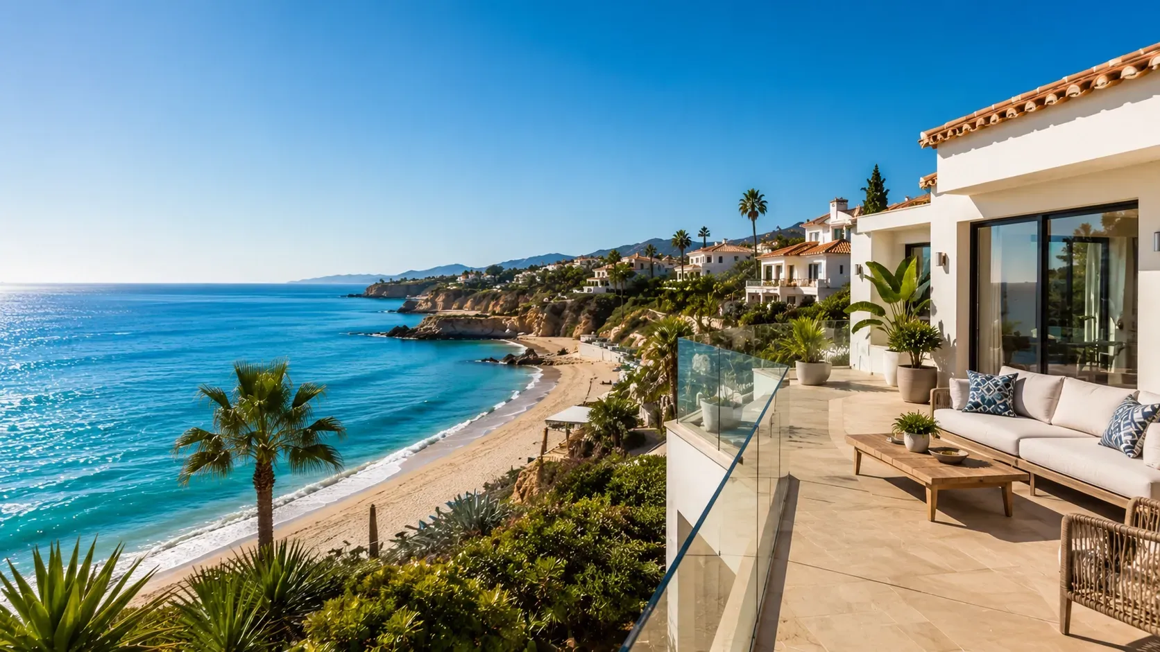 Modern beachfront home on Spain’s Mediterranean coast, showcasing seaside real estate and coastal property options for Canadians buying property in Spain.