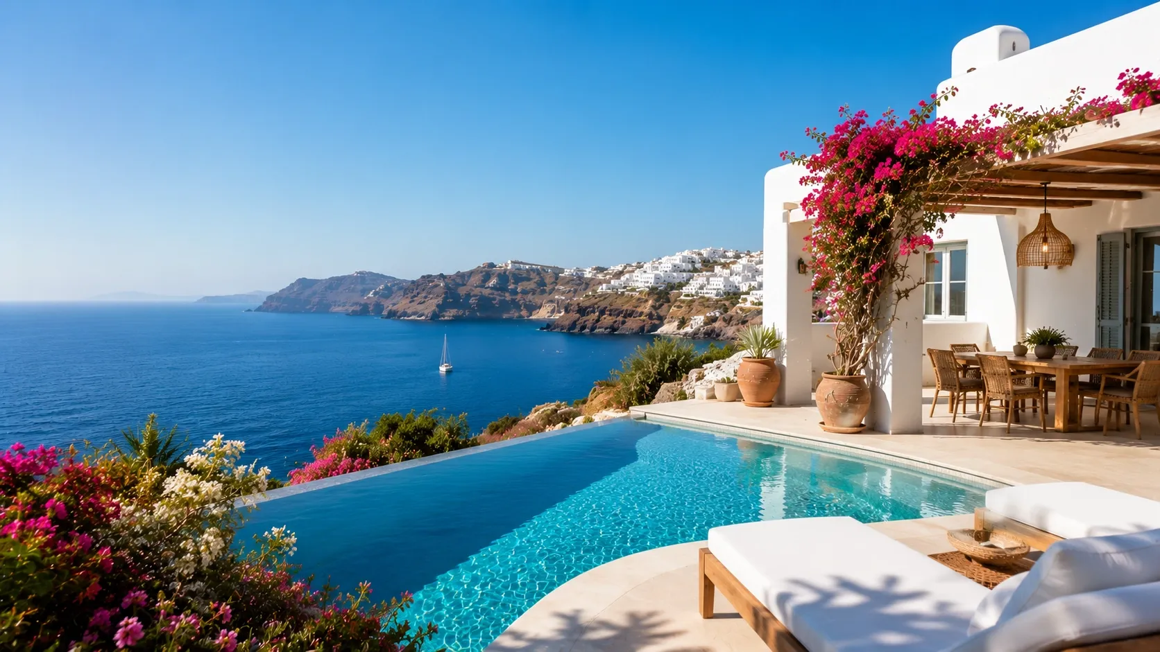 Luxury coastal property with infinity pool overlooking the ocean and seaside cliffs.