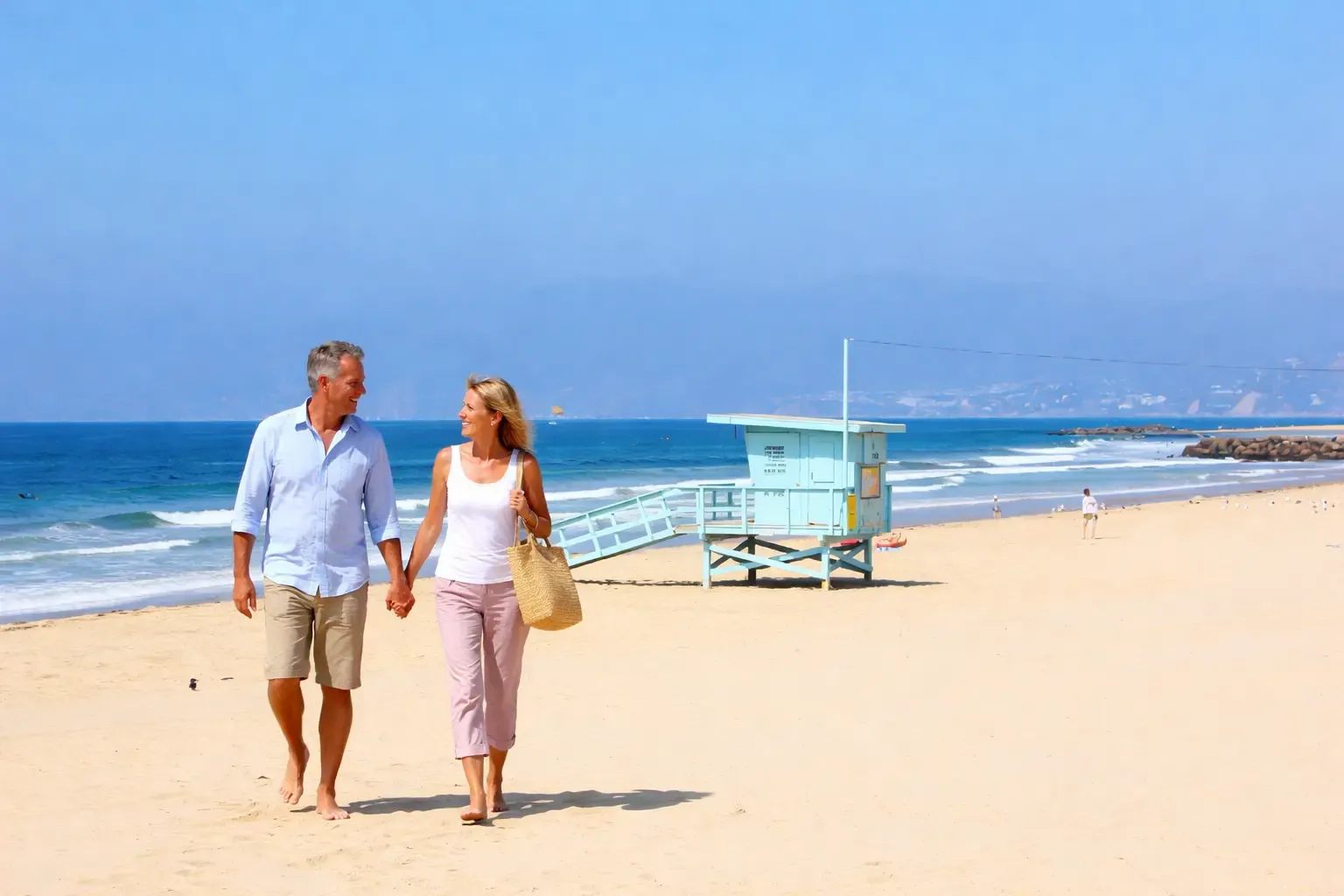 Middle-aged couple walking hand in hand on Venice Beach, Los Angeles, with ocean waves and lifeguard tower in the background