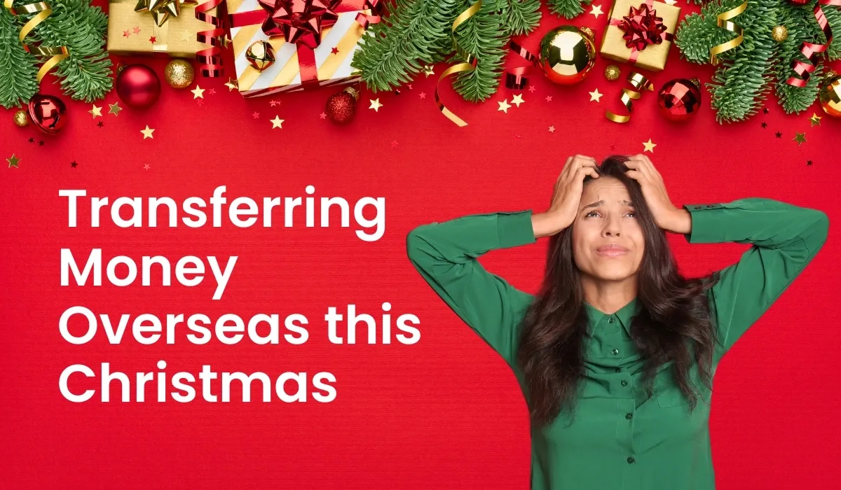 Image featuring Christmas decorations and a worried woman with both hands on her head wearing a green dress.