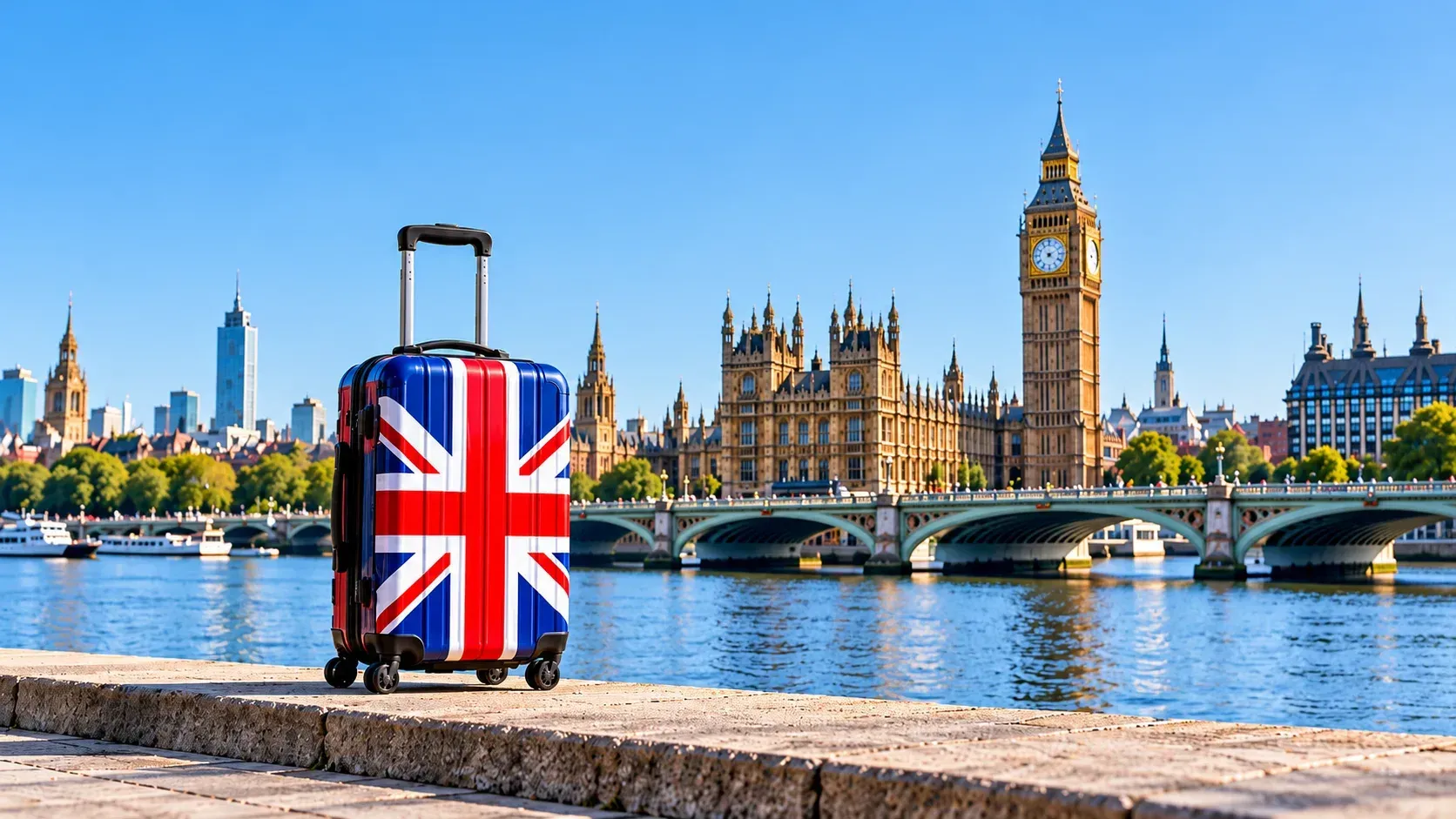 Union Jack suitcase by the River Thames with Big Ben and the Houses of Parliament, representing a move from Canada to the UK.