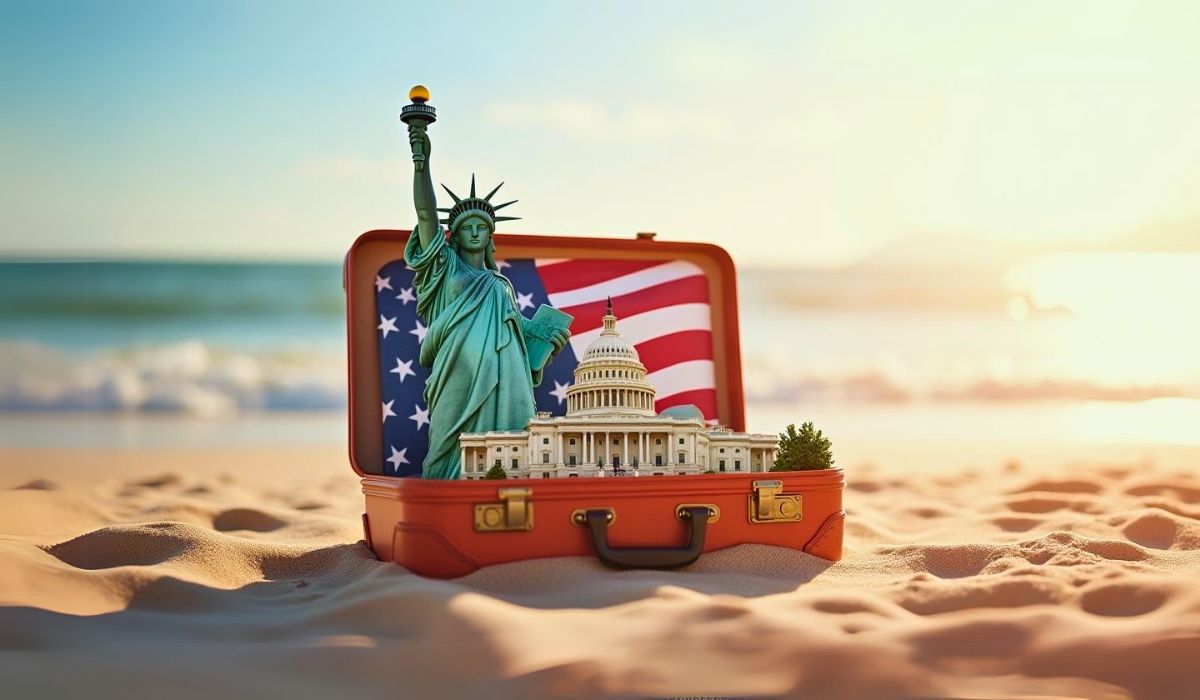 An open suitcase on a sandy beach, containing the Statue of Liberty, the U.S. Capitol, and an American flag, symbolizing travel to the United States.