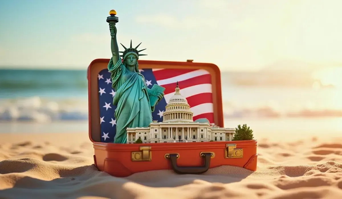 An open suitcase on a sandy beach, containing the Statue of Liberty, the U.S. Capitol, and an American flag, symbolizing travel to the United States.