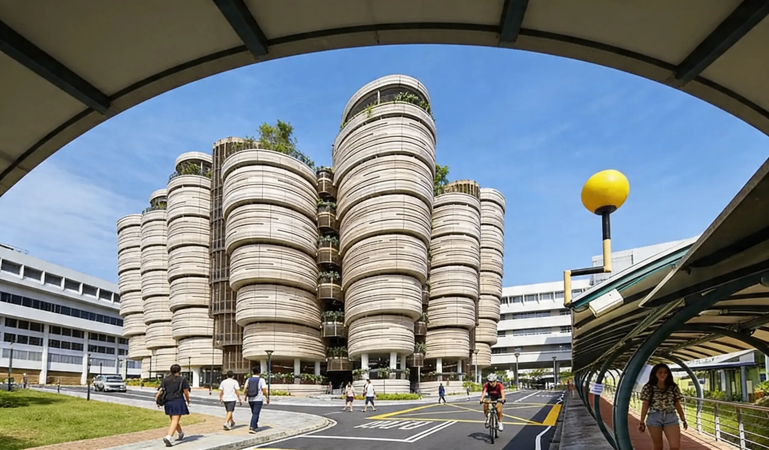 The Hive building at Nanyang Technological University, known for its unique beehive-like structure and innovative architectural design.​