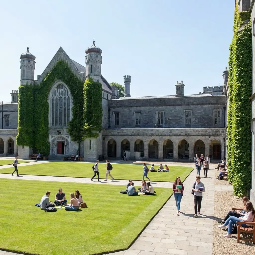 Groups of students gather in the courtyard of NUI Galway’s ivy-covered campus. Pay tuition from Canada in euros easily and save more with MTFX’s competitive rates.