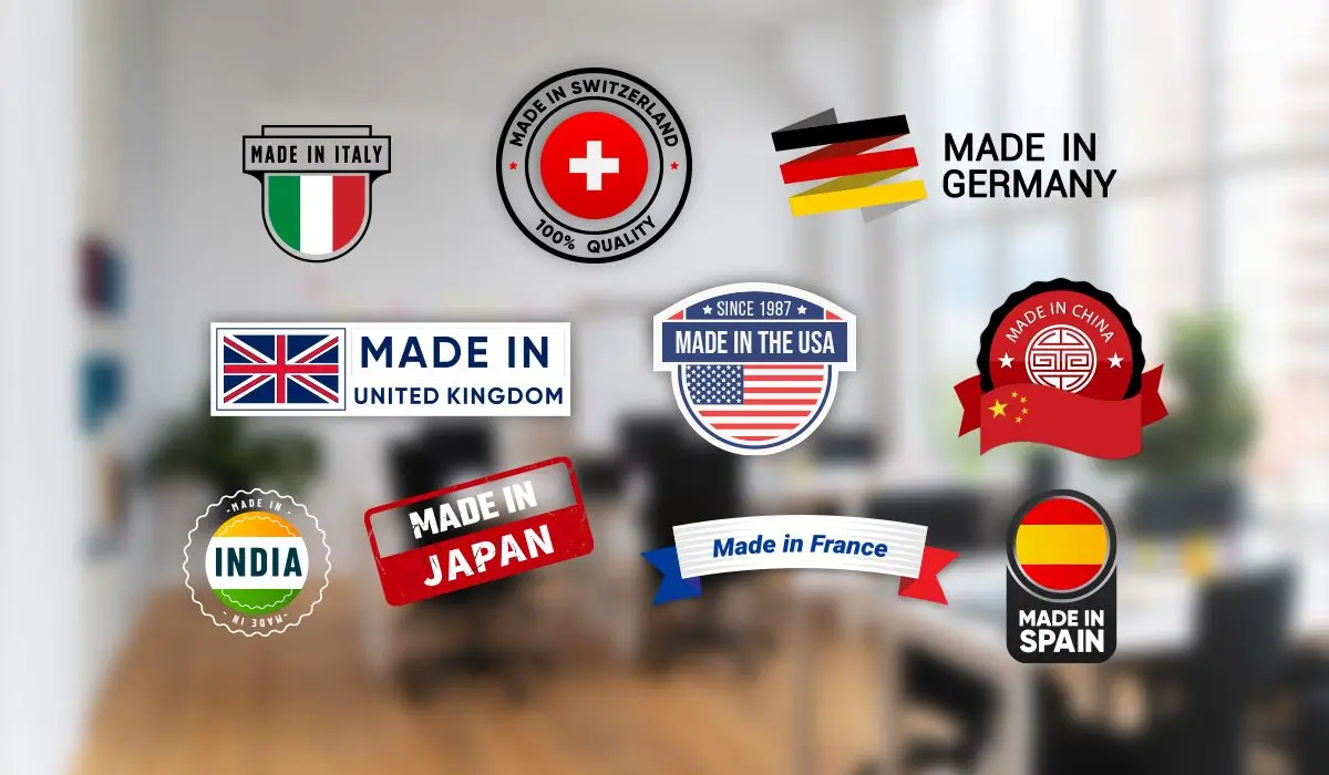 Collection of ‘Made In’ labels from various countries including Italy, Switzerland, Germany, UK, USA, China, India, Japan, France, and Spain, representing global sourcing and international trade.