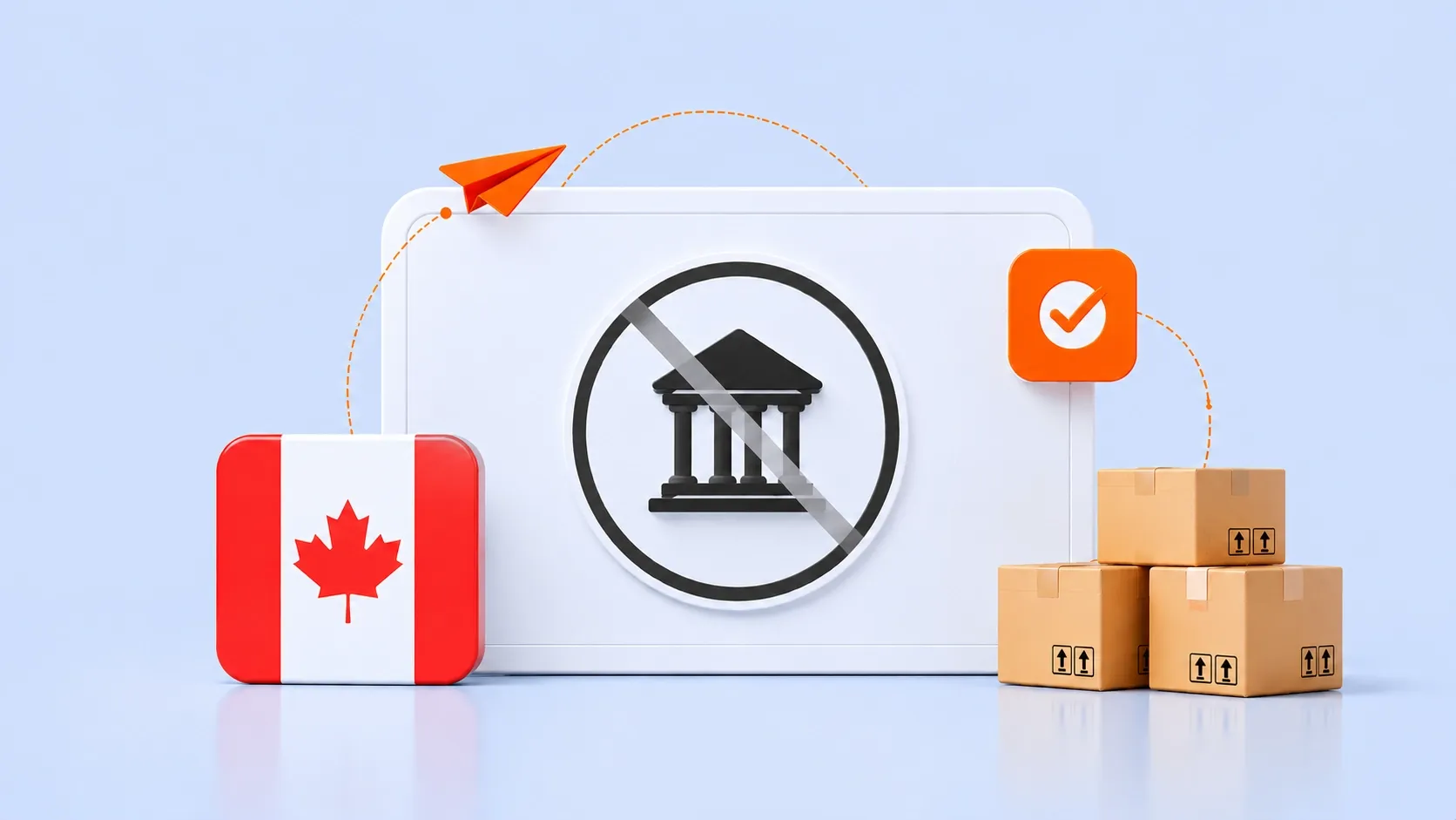 Illustration of a Canadian flag, stacked shipping boxes, and a crossed-out bank icon on a digital screen, representing bank-free or alternative payment solutions for shipping goods to Canada.
