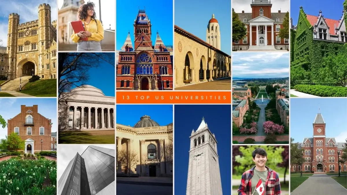 Collage featuring 13 top US universities with iconic campus buildings, a diverse student holding books, and text highlighting '13 Top US Universities.'