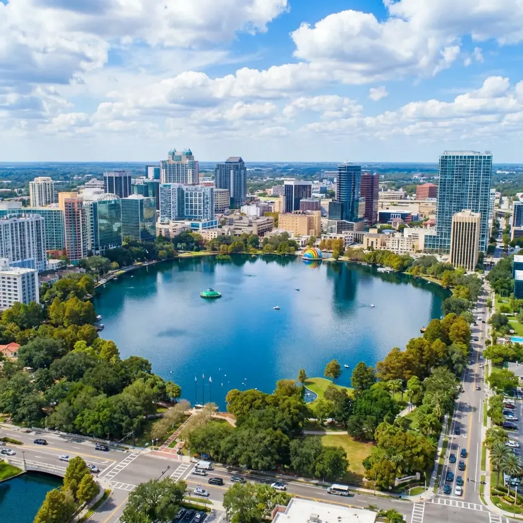 A cityscape of Orlando highlighting downtown buildings, Lake Eola, and surrounding green spaces under a sunny sky.​