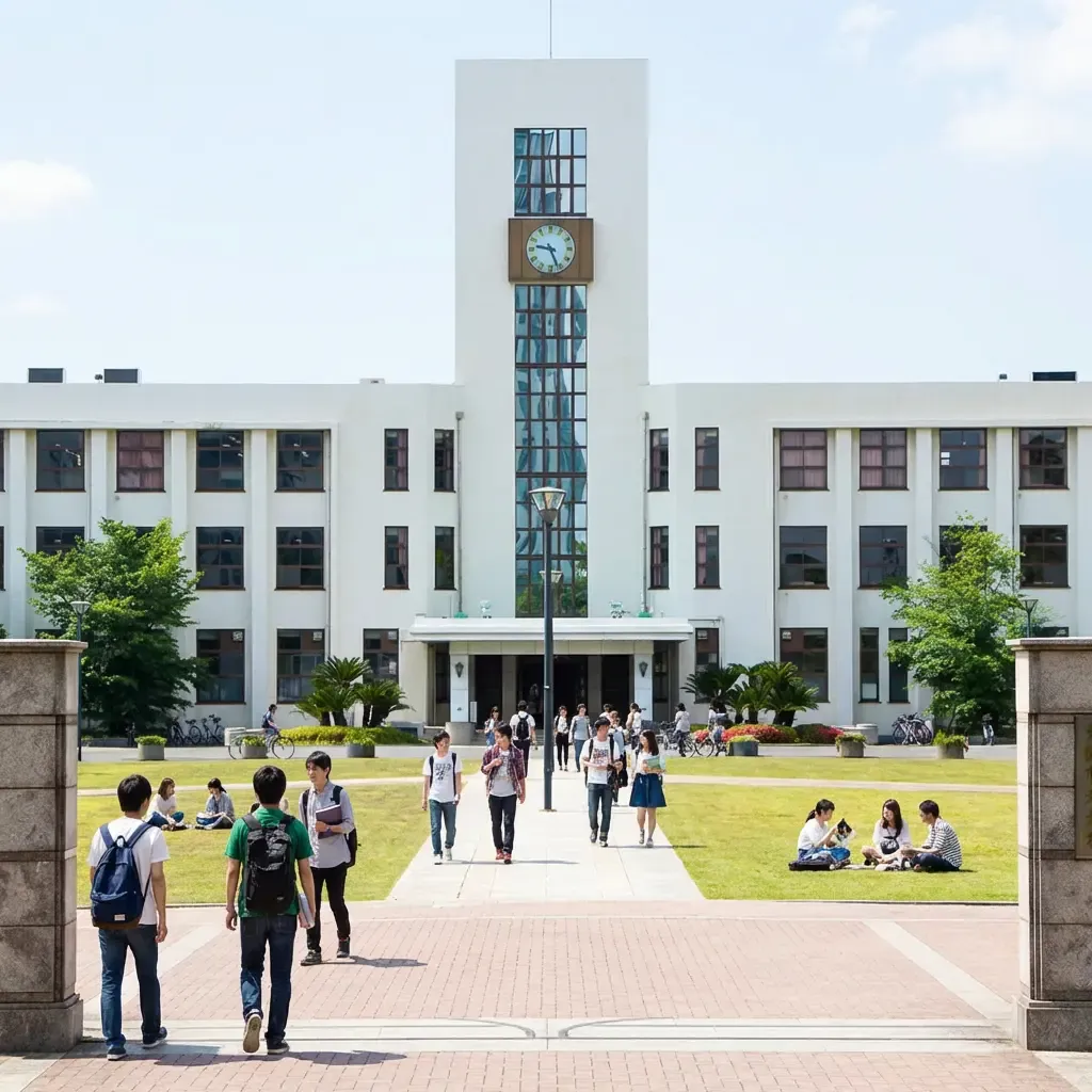 An aerial shot of Osaka University's campus, highlighting modern academic buildings interspersed with green spaces and walkways.