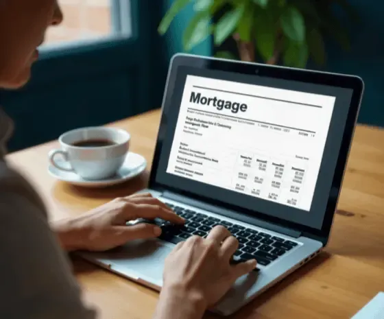 Person reviewing a mortgage document on a laptop with a coffee cup nearby on a wooden desk.