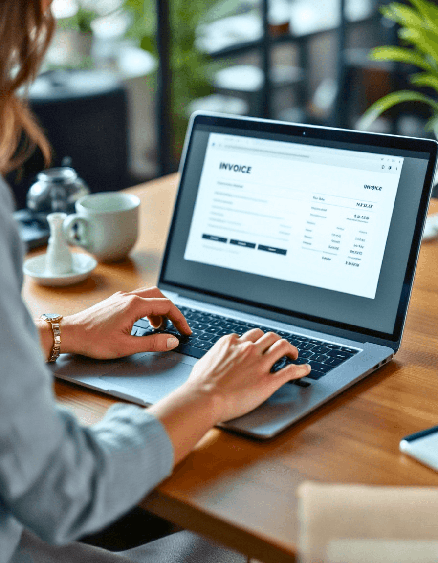 Person typing on a laptop with an online invoice displayed on the screen