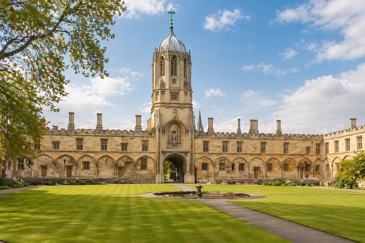 Oxford University courtyard with a historic stone building, central tower, manicured lawns, and fountain framed by soft daylight and open skies.