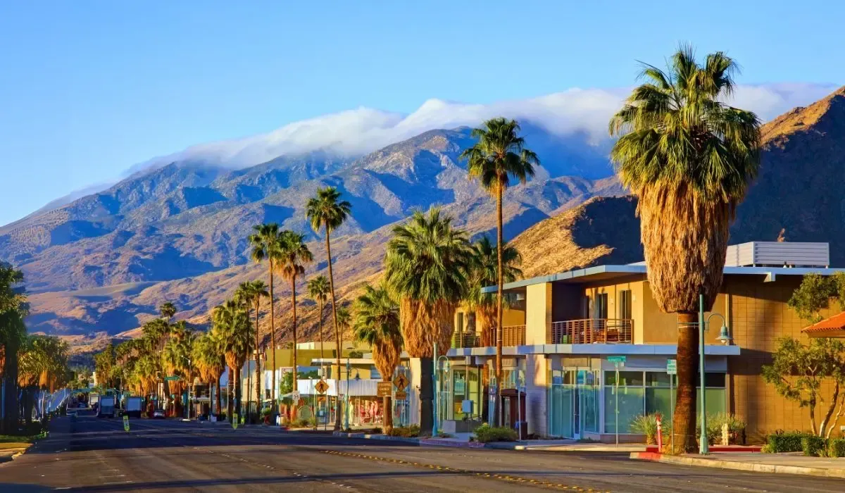 A picturesque scene of Palm Springs, featuring mid-century modern homes, palm trees, and the backdrop of the San Jacinto Mountains.