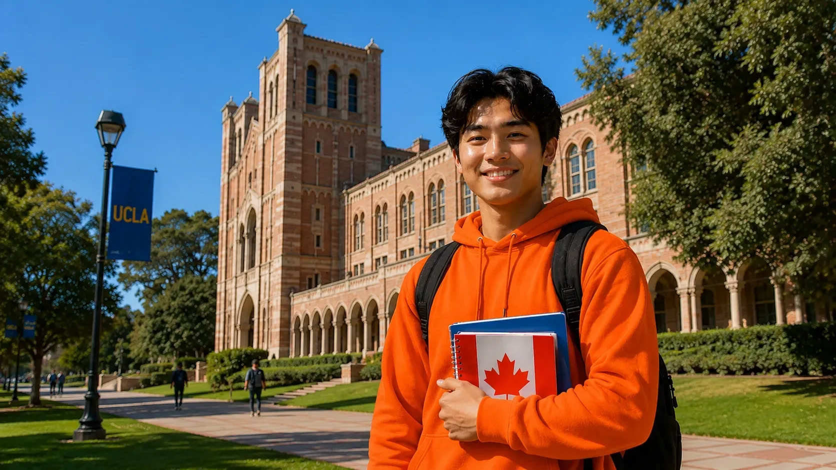 Canadian student on a US university campus, representing international tuition payments from Canada for overseas education.