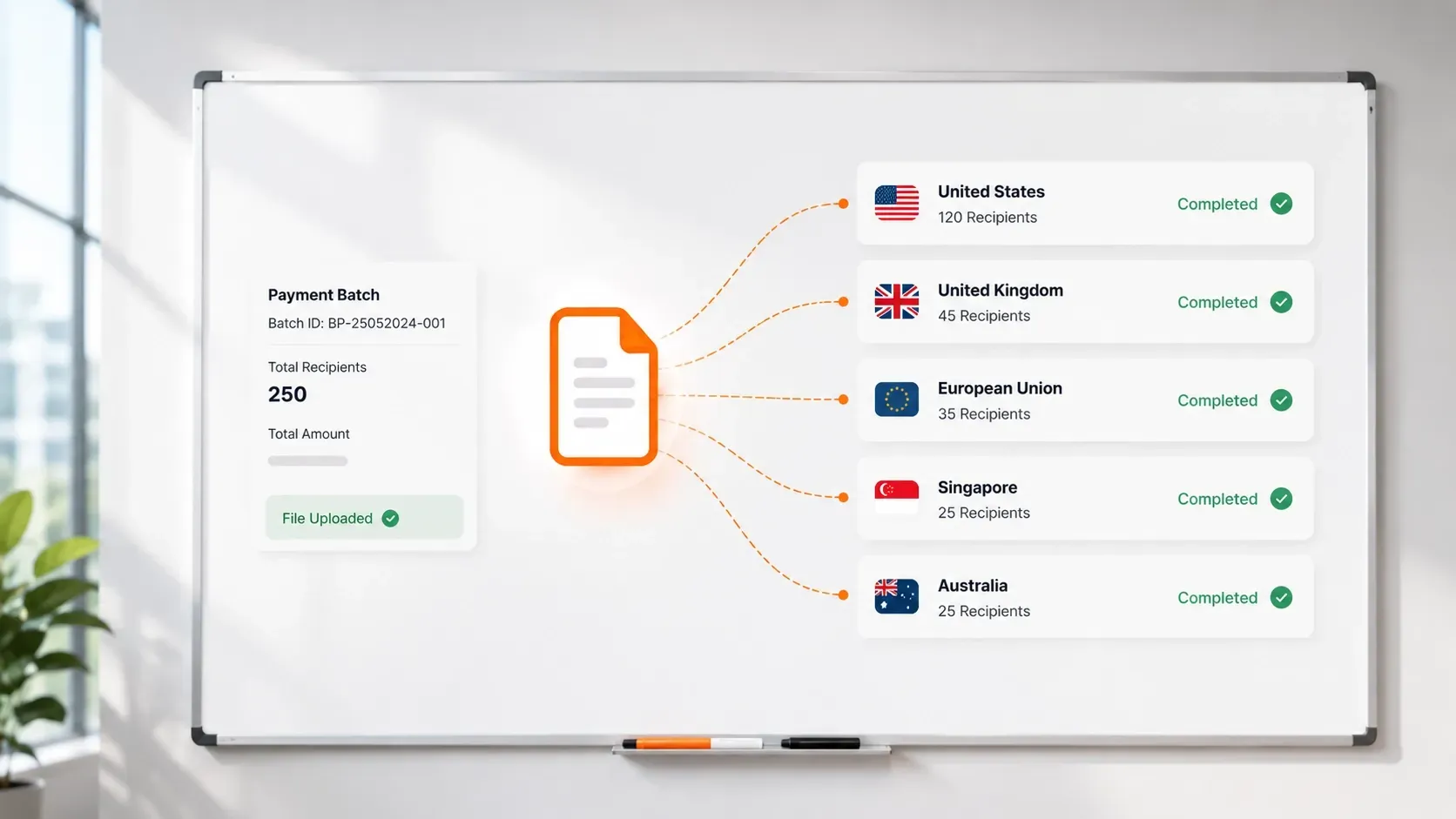 Bulk payment workflow showing one payment batch sent to multiple international recipients