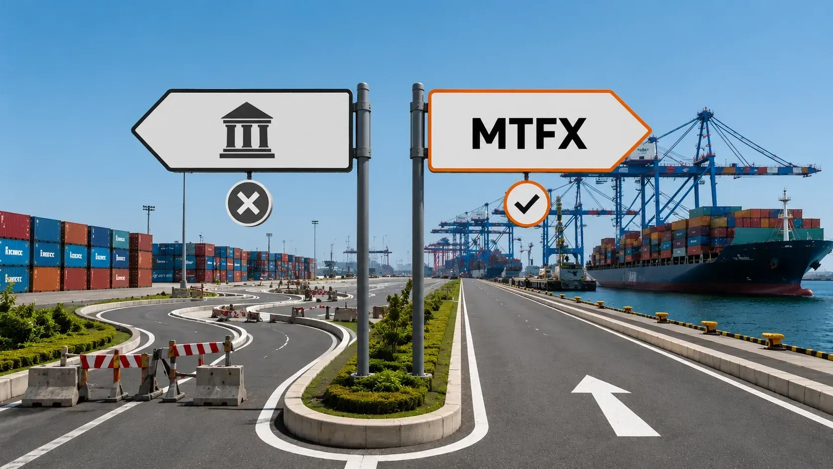 MTFX international supplier payments concept showing a preferred MTFX route versus traditional banking at a global shipping port.