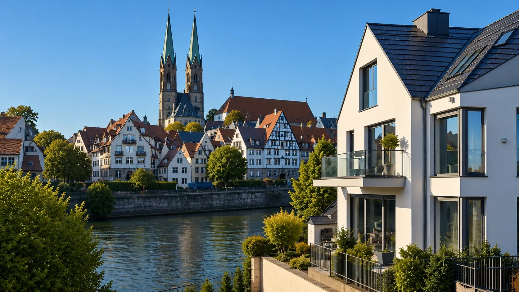 Modern riverside residential property in Germany overlooking a historic European town with church spires, clear blue sky, and waterfront views, representing real estate investment opportunities for Canadians buying property in Germany.