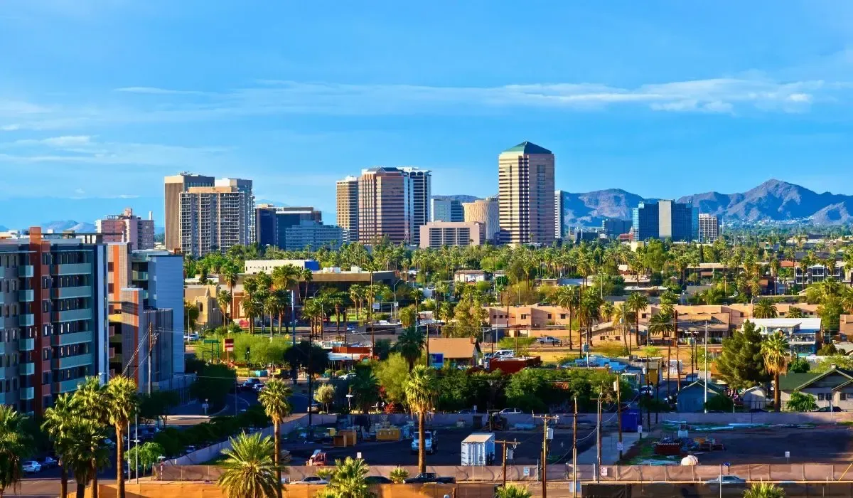 A panoramic view of Scottsdale's desert landscape, featuring modern homes nestled among cacti and rocky terrain under a clear blue sky.