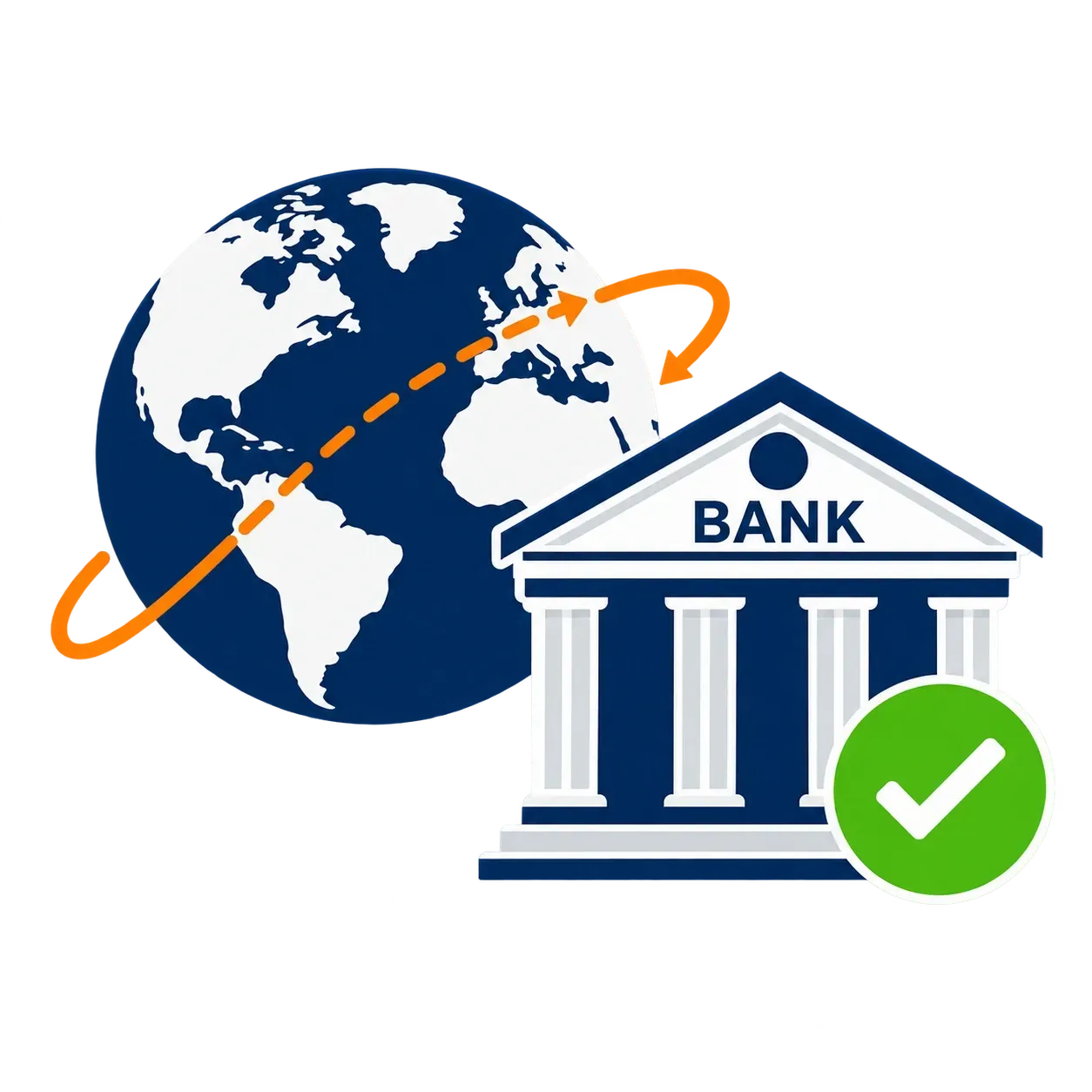 Global bank icon with a world map, transfer arrows, and verification checkmark representing secure international payments.