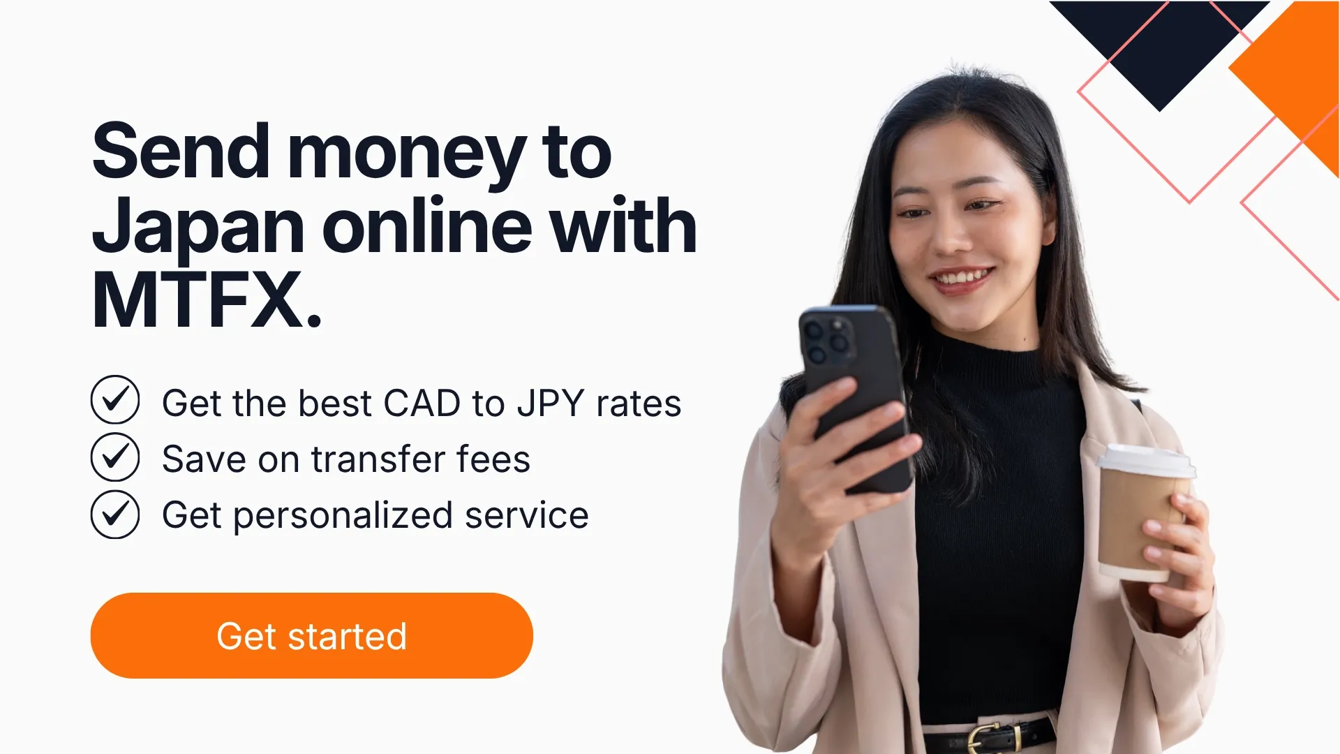 Woman using a smartphone beside text promoting online money transfers to Japan with MTFX, highlighting competitive CAD to JPY rates, low transfer fees, and personalized service.