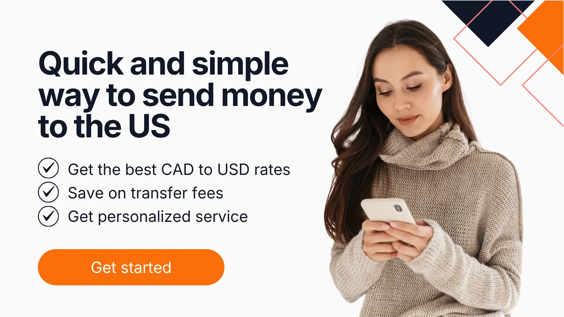 MTFX banner promoting fast and simple money transfers to the USA with competitive CAD to USD rates, low fees, and personalized service.