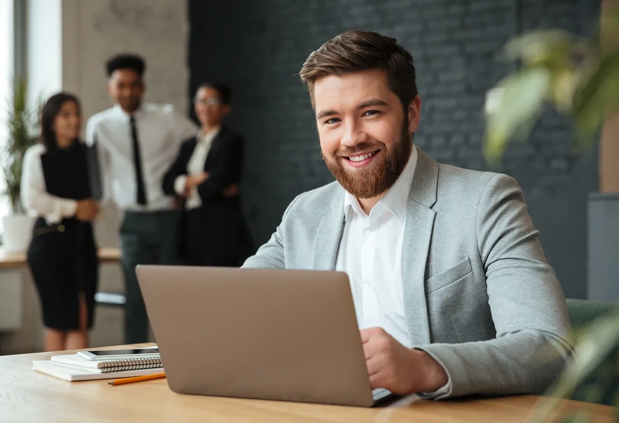Business professional reviewing international payment costs on a laptop while team discusses global finance strategy in the background.