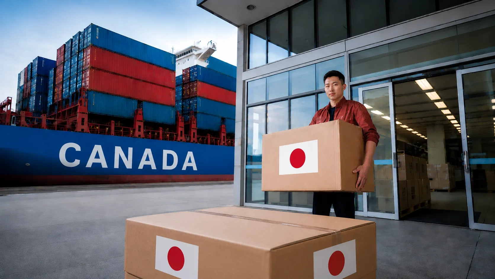 Canada to Japan shipping and logistics with export boxes, warehouse operations, and cargo vessel at port.