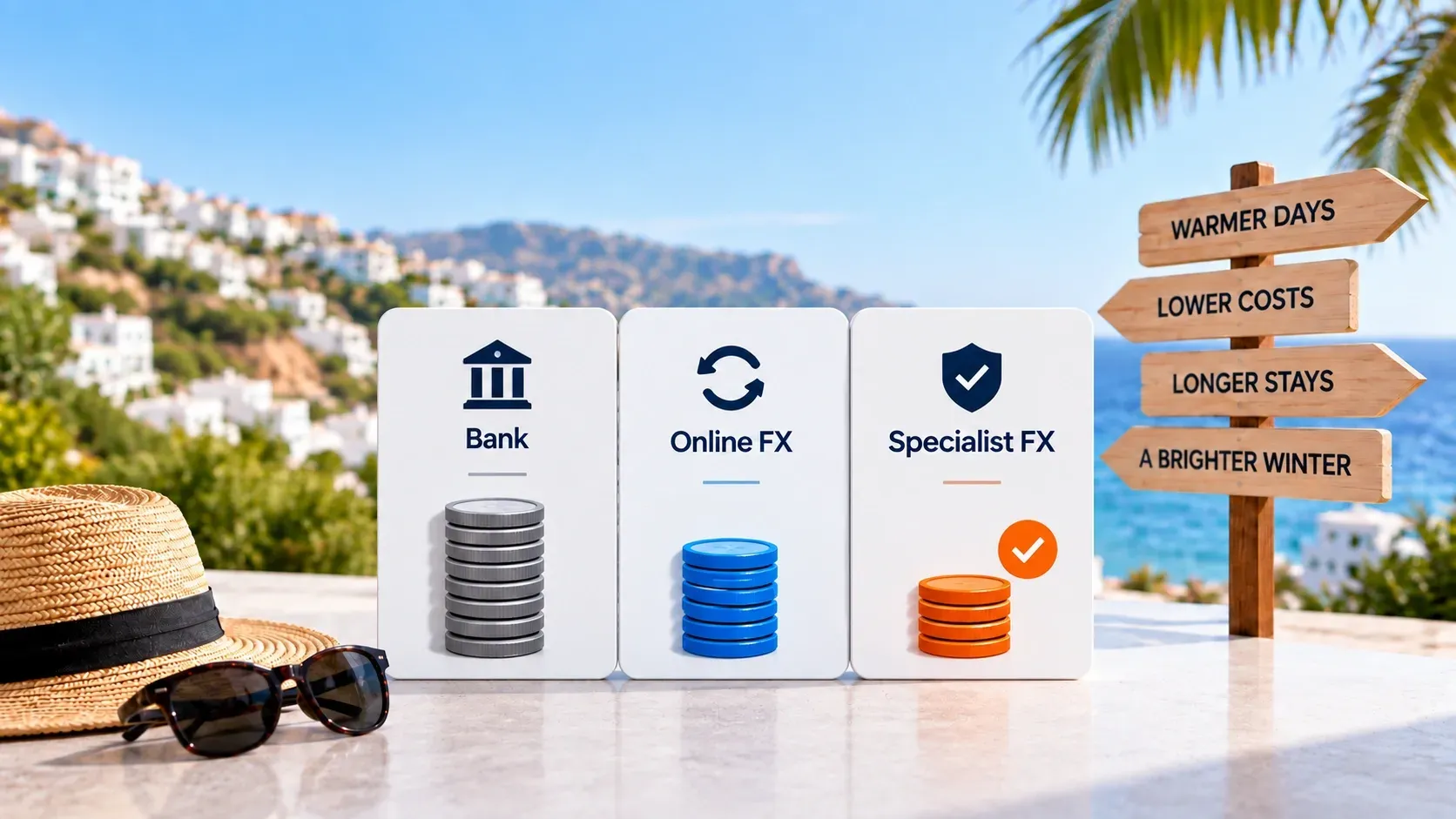 Snowbird currency exchange cost comparison between a bank, online FX service and specialist FX service at a sunny coastal destination.
