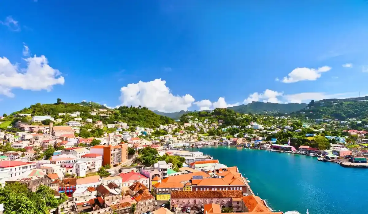 Scenic view of St. George’s, Grenada, showing colorful buildings on hillsides around a calm harbor under a clear sky.