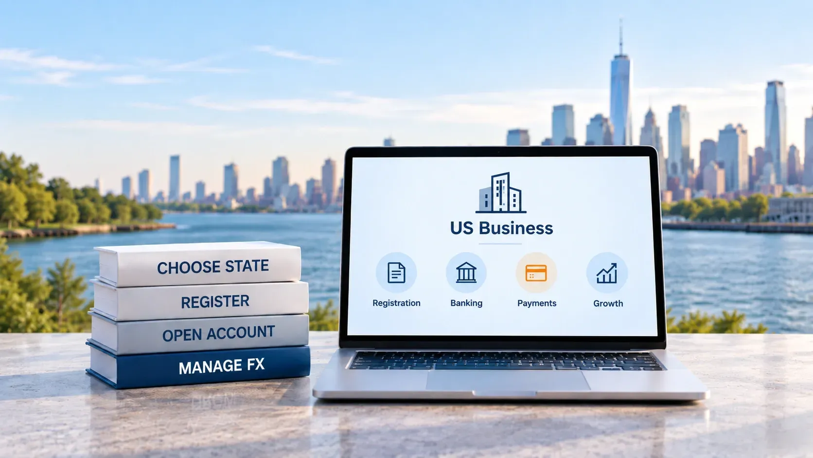 Laptop showing US business registration, banking, payments and growth beside books labeled Choose State, Register, Open Account and Manage FX, with a waterfront city skyline in the background.