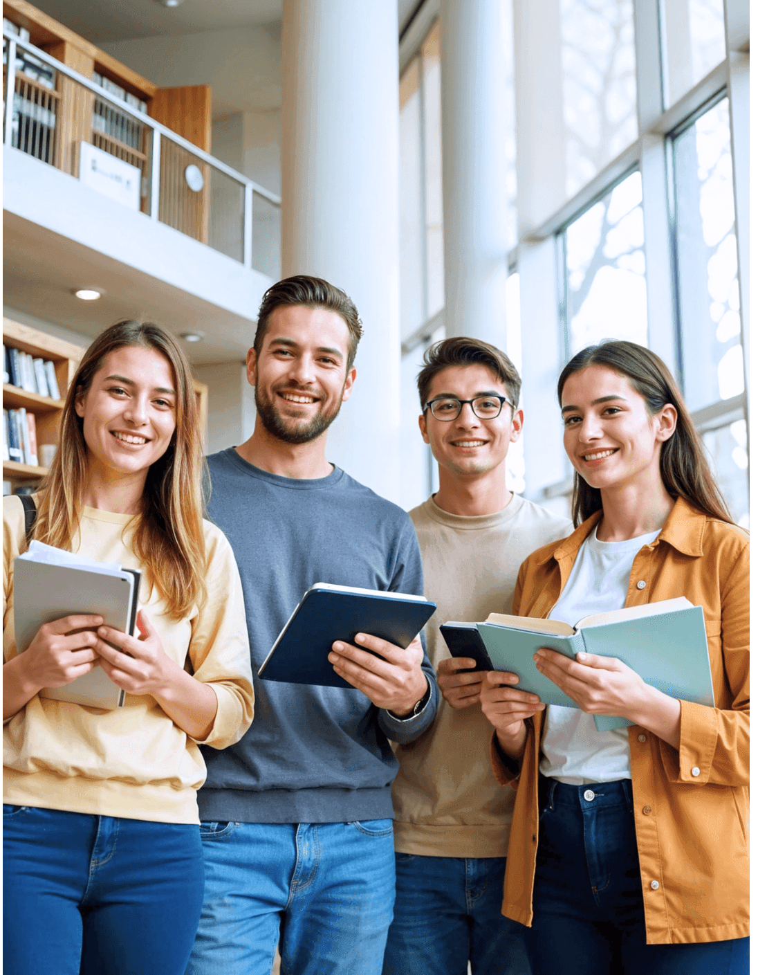 Group of international university students standing in a library, smiling and holding books and tablets.