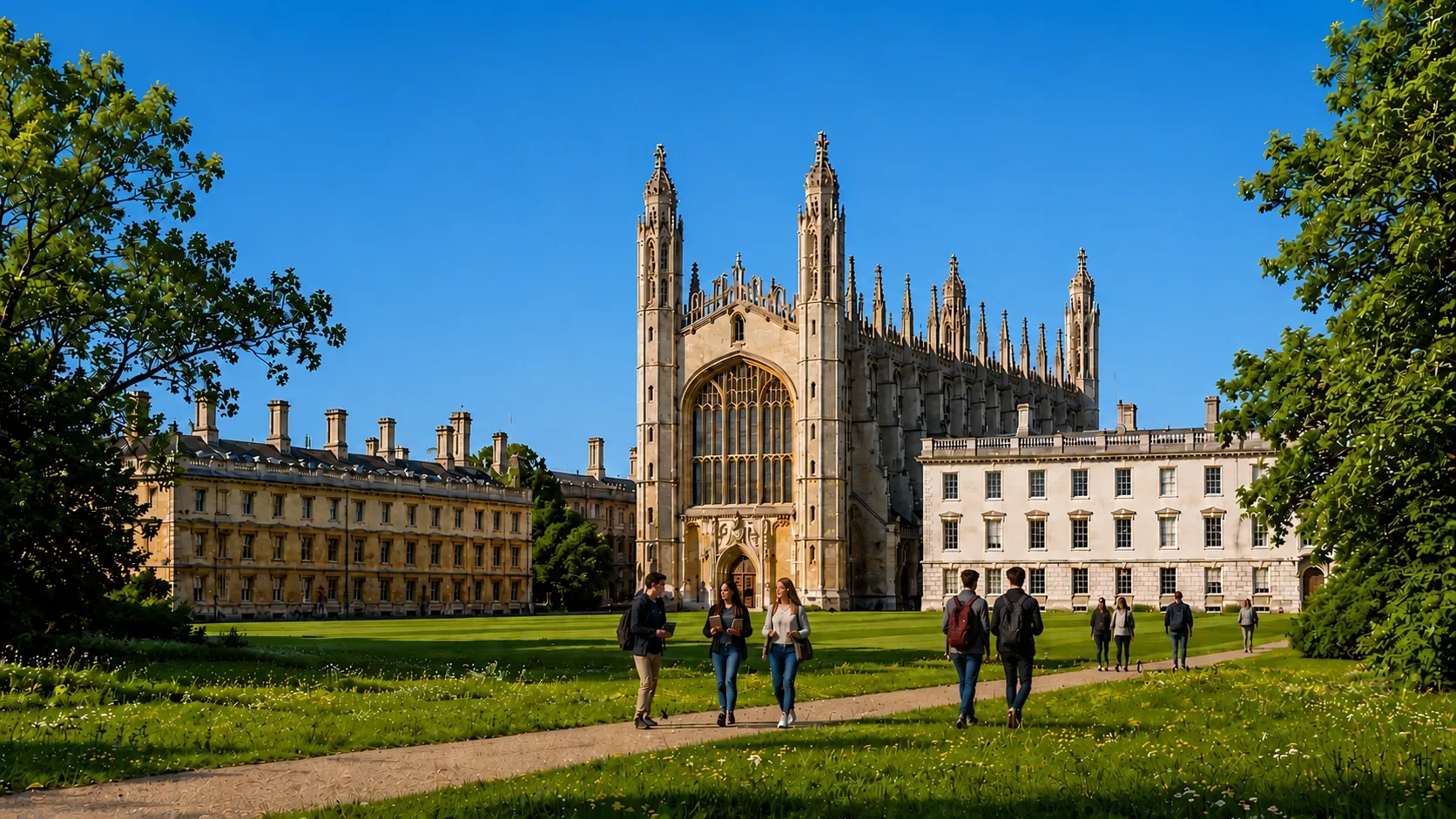 Students walking across a green university campus with backpacks and books in front of a grand Gothic-style academic building under a clear blue sky, representing higher education opportunities for international students in the UK.