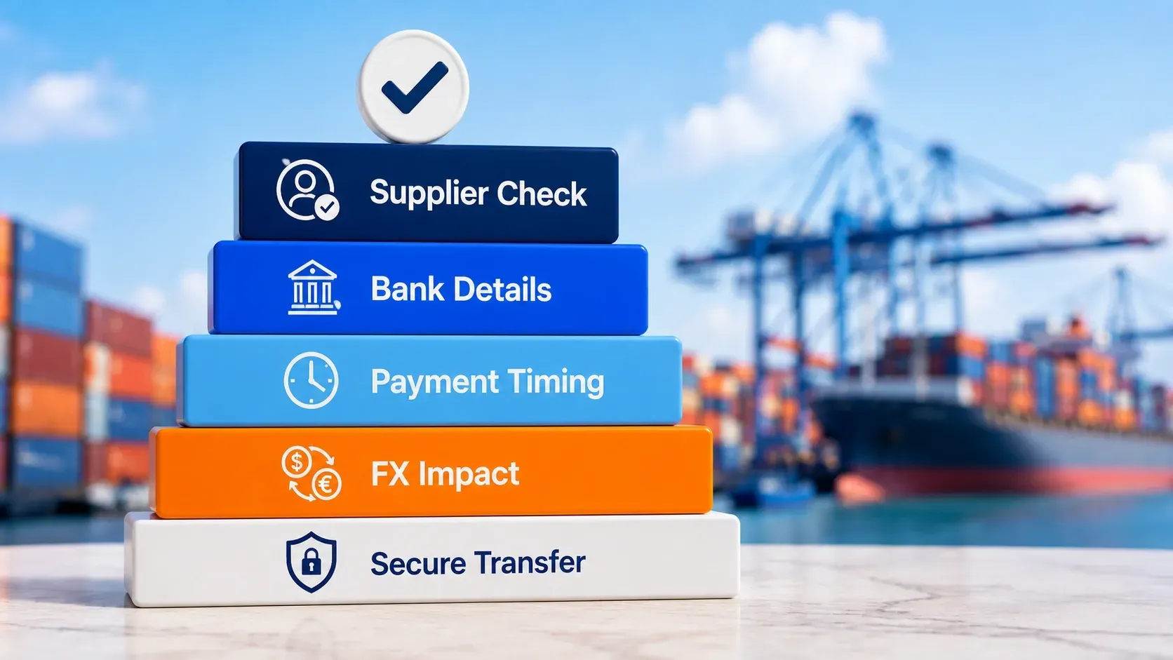 Supplier payment checklist showing supplier verification, bank details, payment timing, FX impact and secure transfer against an international shipping port background.