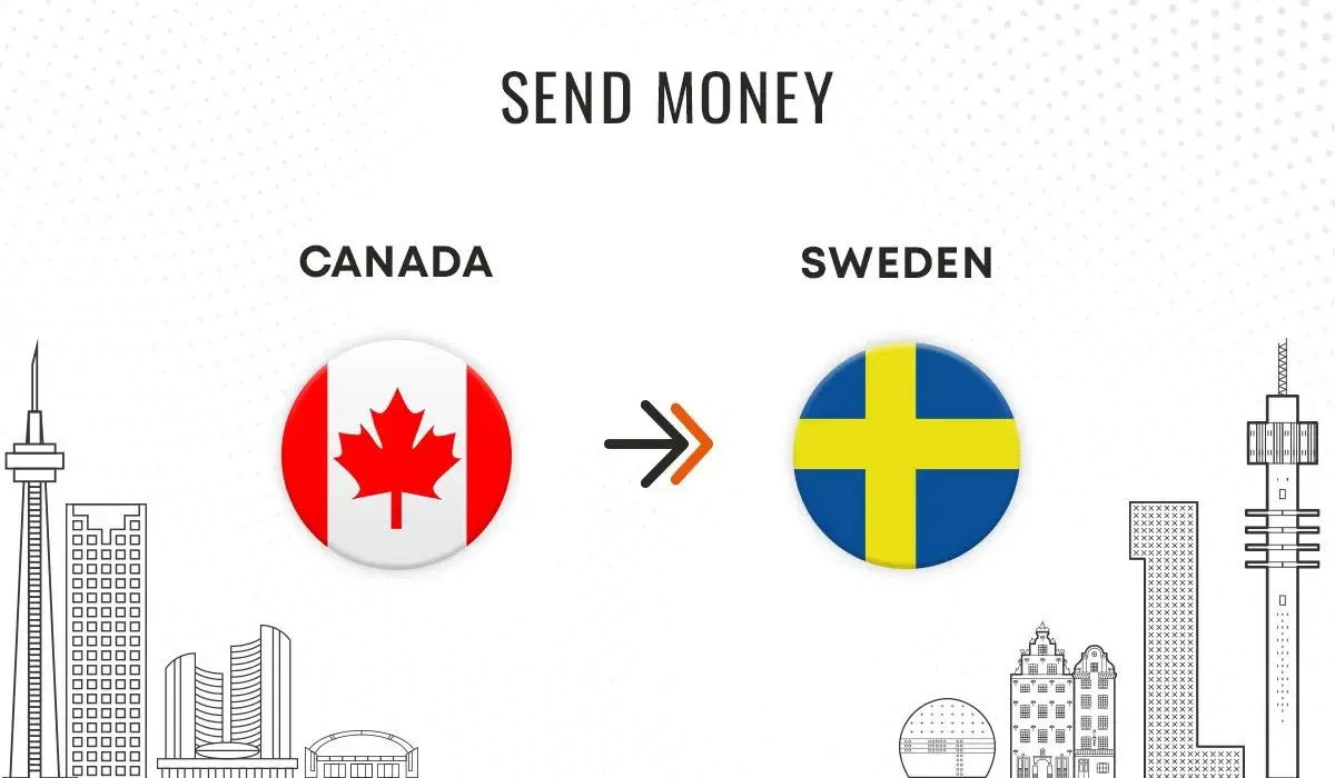 Send money from Canada to Sweden illustration with national flags and landmark outlines representing both countries