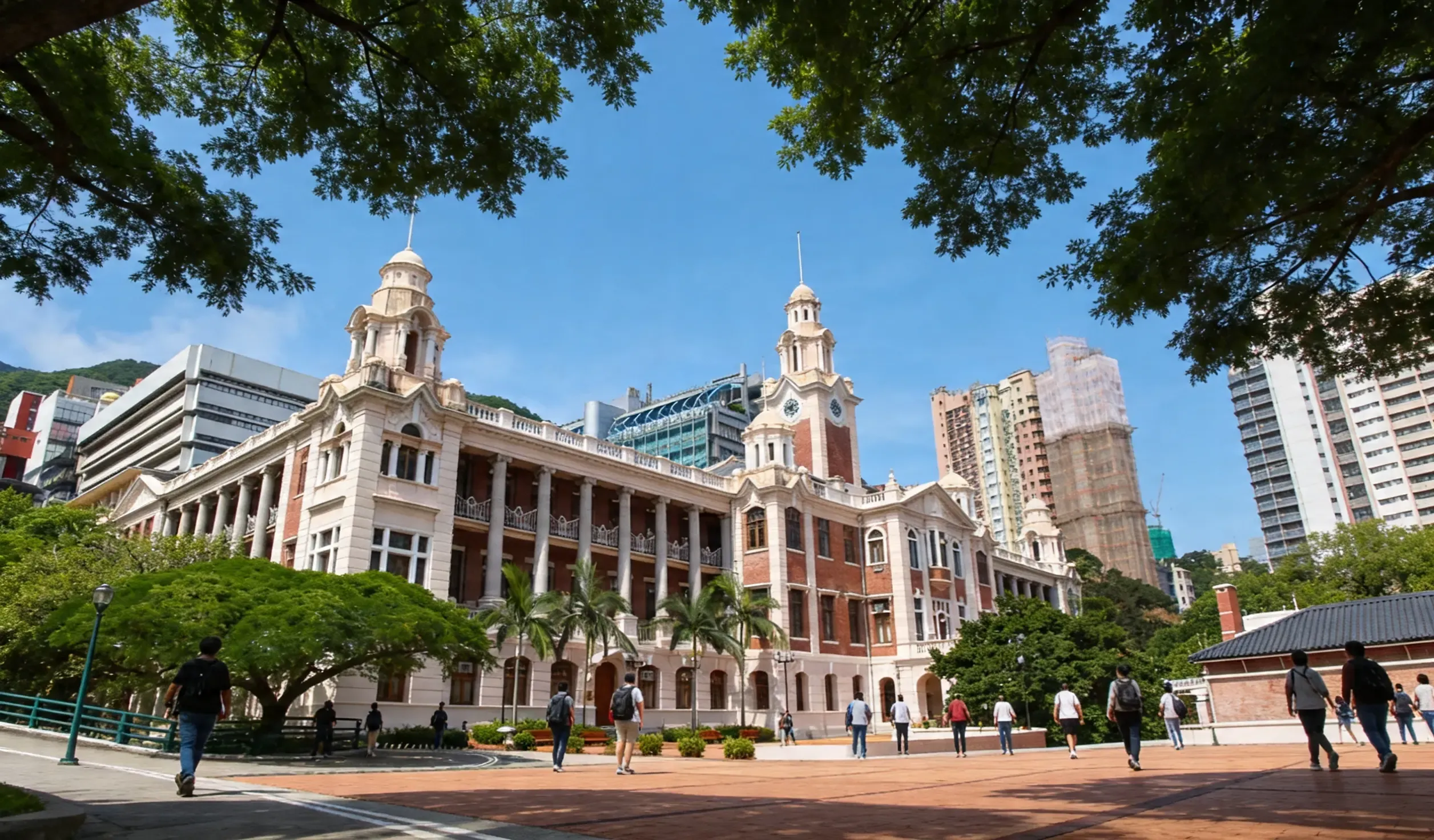 The Main Building of the University of Hong Kong, characterized by its colonial-era architecture and surrounding palm trees.