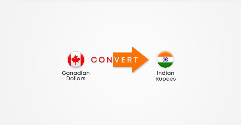 Graphic showing currency conversion from Canadian Dollars to Indian Rupees, with the Canadian flag on the left, the Indian flag on the right, and an orange arrow labeled "Convert" pointing from left to right.