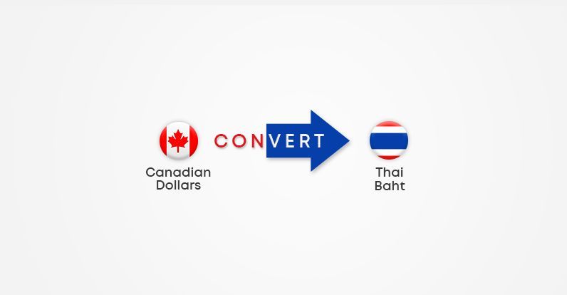 Illustration of Canadian dollars converting to Thai baht with country flags and a blue arrow labeled 'convert'
