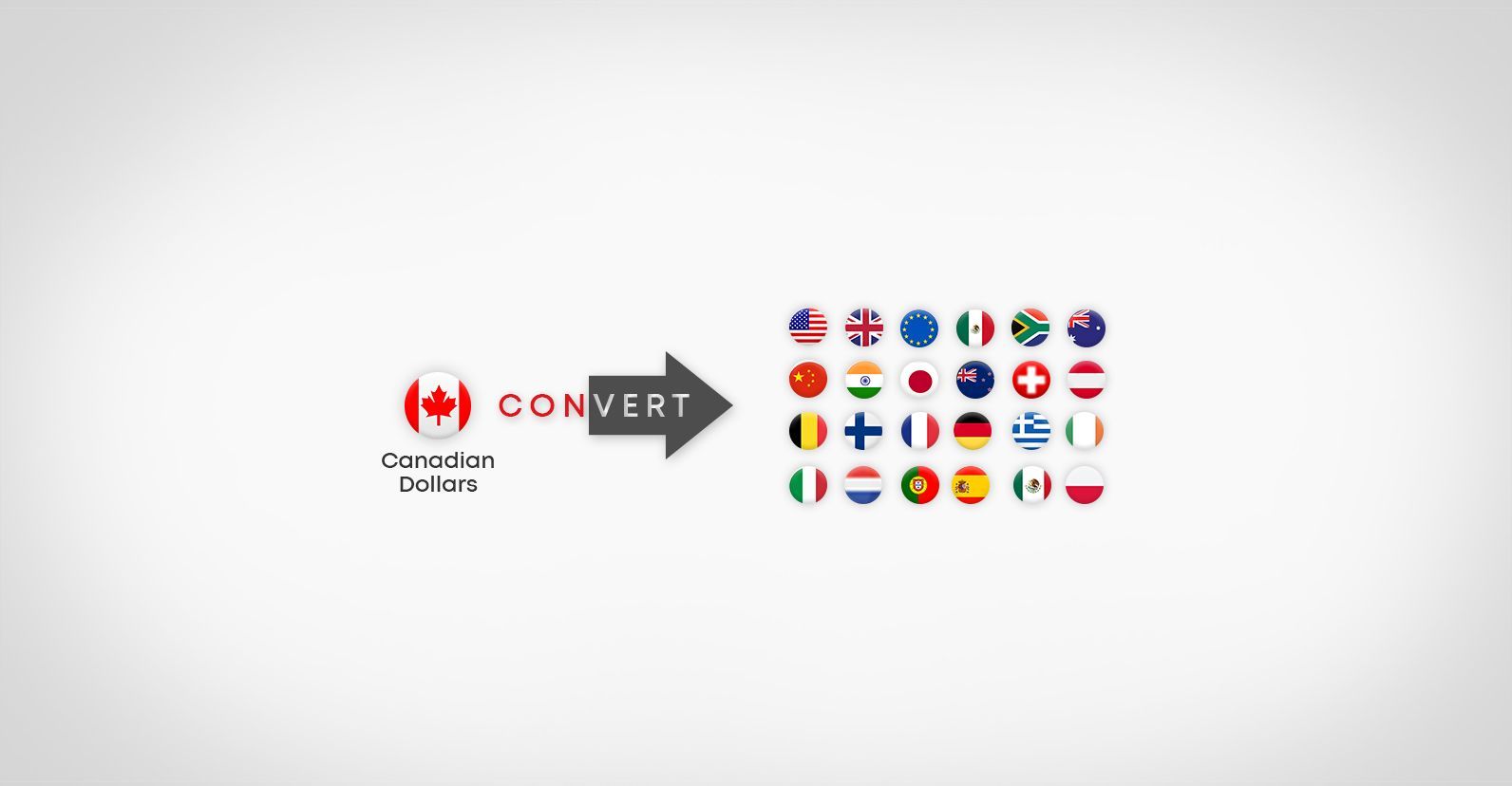 Convert Canadian dollars to multiple international currencies with country flags and a currency exchange graphic.