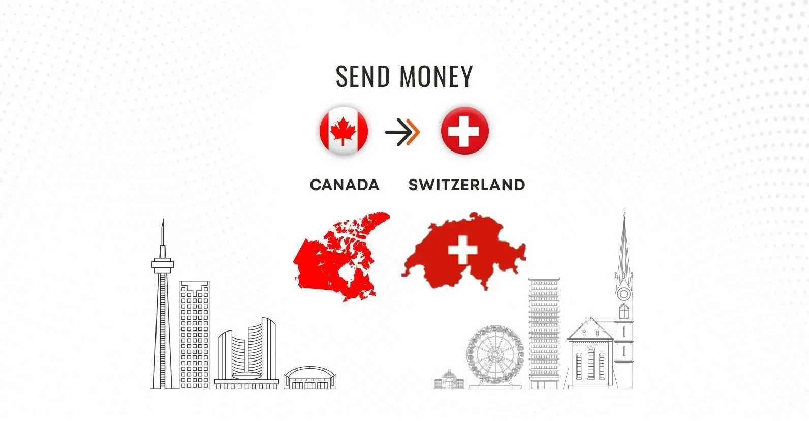 Illustration showing money transfer from Canada to Switzerland with national flags, maps, and cityscape icons representing both countries.